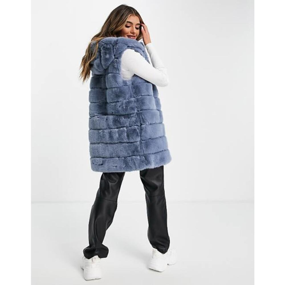 Jayley Gilet Coat Faux Fur Blue OS Jacket Hooded Vest Mini Dress Top Outerwear